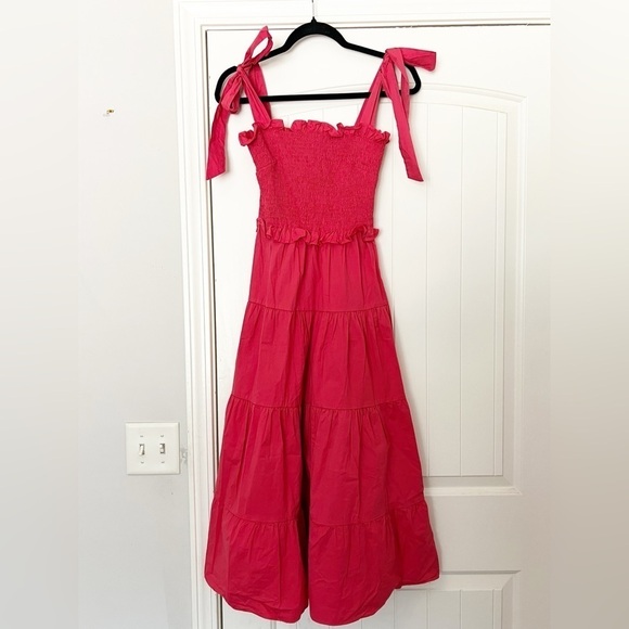 Tuckernuck Alannah Smocked Cotton Poppy Red Midi Dress - Picture 2 of 7